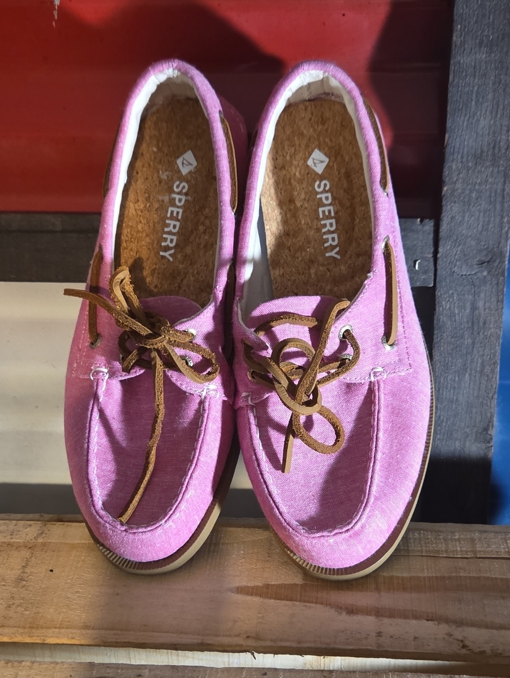 Sperry Women's Beige Cork Footbed Slip-On with Pink Trim